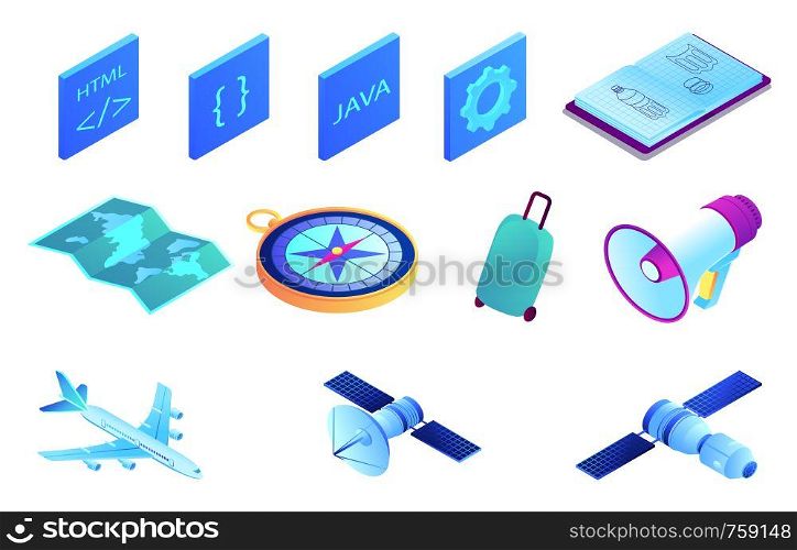 Satellite and web development isometric 3D illustration set. Coding symbols, map and compass, suitcase and travelling by airplane, megaphone and notebook concept. Isolated on white background.. Satellite and web development isometric 3D illustration set.