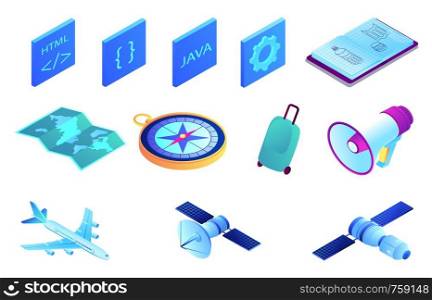Satellite and web development isometric 3D illustration set. Coding symbols, map and compass, suitcase and travelling by airplane, megaphone and notebook concept. Isolated on white background.. Satellite and web development isometric 3D illustration set.