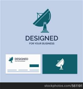 satellite, antenna, radar, space, dish Business Logo Glyph Icon Symbol for your business. Turquoise Business Cards with Brand logo template.. Vector EPS10 Abstract Template background