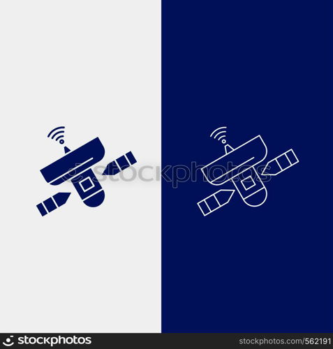 satellite, antenna, radar, space, Signal Line and Glyph web Button in Blue color Vertical Banner for UI and UX, website or mobile application. Vector EPS10 Abstract Template background