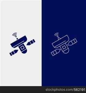 satellite, antenna, radar, space, Signal Line and Glyph web Button in Blue color Vertical Banner for UI and UX, website or mobile application. Vector EPS10 Abstract Template background