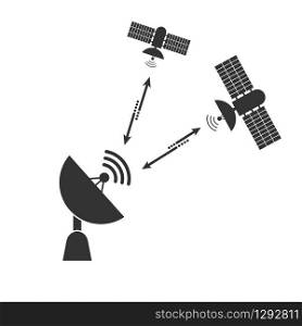 satellite dish communicates with a signal from a space satellite. Simple flat design.
