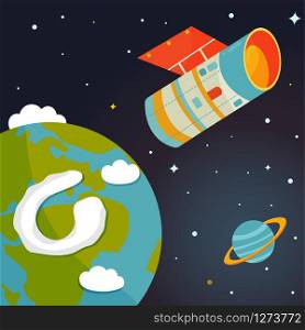 Satellite flying near Earth in outer space. Astronomical vector illustration. Satellite flying near Earth in outer space
