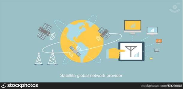 Satellite global network provider icon flat. Internet communication, computer technology, information digital, signal and connection station, web wireless space illustration