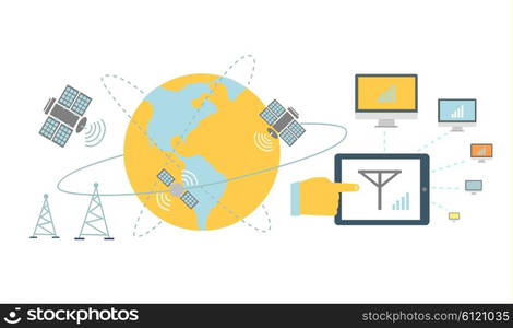 Satellite global network provider icon flat. Internet communication, computer technology, information digital, signal and connection station, web wireless space illustration. Global network provider