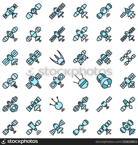 Satellite icons set. Outline set of satellite vector icons thin line color flat on white. Satellite icons set vector flat