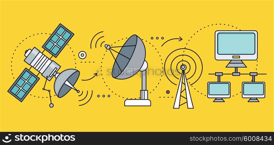 Satellite internet global network providers. Technology wireless, interconnection web, traffic online, connection and communication, wifi webpage, flow information, worldwide. Set of thin, lines icons