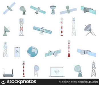 Satellite Internet icons set cartoon vector. Antenna communication. Internet signal. Satellite Internet icons set cartoon vector. Antenna communication