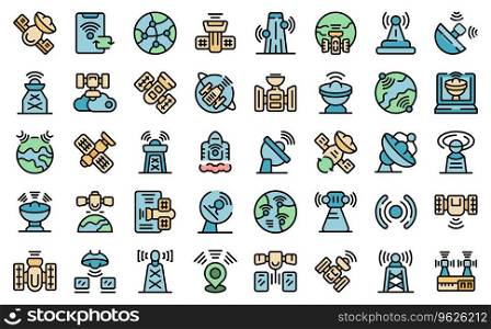 Satellite Internet icons set outline vector. Wifi internet. Tower solar thin line color flat on white isolated. Satellite Internet icons set vector line color