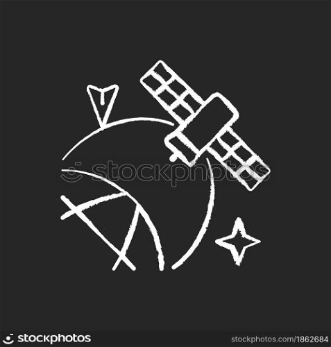 Satellite location in space chalk white icon on dark background. Artifial satelite positioning, status, condition information investigation. Isolated vector chalkboard illustration on black. Satellite location in space chalk white icon on dark background