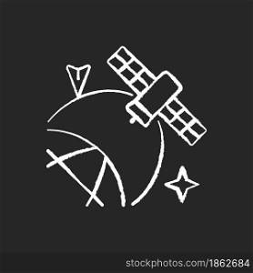 Satellite location in space chalk white icon on dark background. Artifial satelite positioning, status, condition information investigation. Isolated vector chalkboard illustration on black. Satellite location in space chalk white icon on dark background