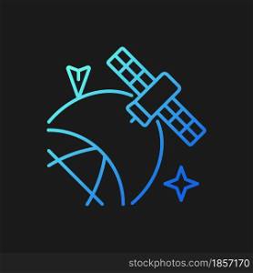 Satellite location in space gradient vector icon for dark theme. Artifial satelite status information. Thin line color symbol. Modern style pictogram. Vector isolated outline drawing. Satellite location in space gradient vector icon for dark theme