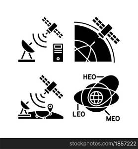 Satellite radionavigation black glyph icons set on white space. Satellite orbits, trajectories. Transmission Control Protocol standarts. Silhouette symbols. Vector isolated illustration. Satellite radionavigation black glyph icons set on white space