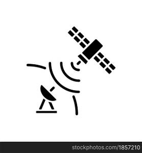 Satellite signal black glyph icon. Signal receiving dish satelite. Global telecommunications network connection. Silhouette symbol on white space. Vector isolated illustration. Satellite signal black glyph icon