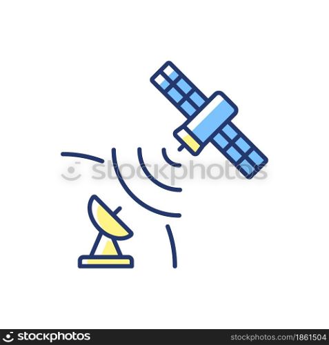 Satellite signal blue, green RGB color icon. Telecommunications network. Signal receiving dish satelite. Thin line customizable illustration. Isolated vector illustration. Simple filled line drawing. Satellite signal blue, green RGB color icon
