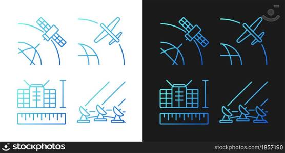 Satellite technologies gradient icons set for dark and light mode for dark and light mode. Thin line contour symbols bundle. Isolated vector outline illustrations collection on black and white. Satellite technologies gradient icons set for dark and light mode for dark and light mode