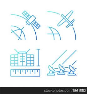 Satellite technologies gradient linear vector icons set. Ground Satellite system. Geostationary, drone, nano satelites. Thin line contour symbols bundle. Isolated outline illustrations collection. Satellite technologies gradient linear vector icons set
