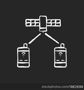 Satellite telephony chalk white icon on dark background. Phones receive signal from satelite. Global telecommunications network connection. Isolated vector chalkboard illustration on black. Satellite telephony chalk white icon on dark background