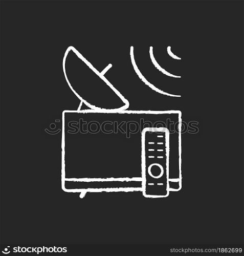 Satellite television chalk white icon on dark background. Dish satelite receiving TV signal. Global telecommunications network connection. Isolated vector chalkboard illustration on black. Satellite television chalk white icon on dark background