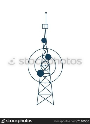 Satellite tower vector, isolated station sharing connection flat style construction for cellular communication, modern technologies, mobile signal transmission. Cellular Communication Satellite Tower Isolated