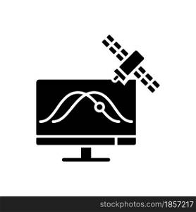 Satellite tracking black glyph icon. Artificial satelites orbits observation, positioning through special application. Silhouette symbol on white space. Vector isolated illustration. Satellite tracking black glyph icon
