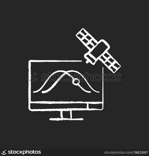 Satellite tracking chalk white icon on dark background. Artificial satelites orbits observation, positioning through special application. Isolated vector chalkboard illustration on black. Satellite tracking chalk white icon on dark background