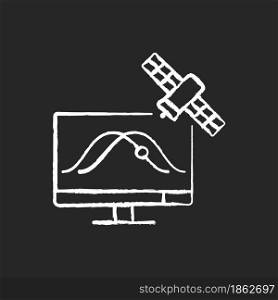 Satellite tracking chalk white icon on dark background. Artificial satelites orbits observation, positioning through special application. Isolated vector chalkboard illustration on black. Satellite tracking chalk white icon on dark background