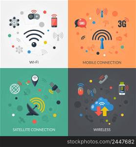 Satellite wireless connection technology for mobile electronic devices 4 flat icons square composition banner abstract isolated vector illustration. Wireless Technology 4 Flat Icons Square