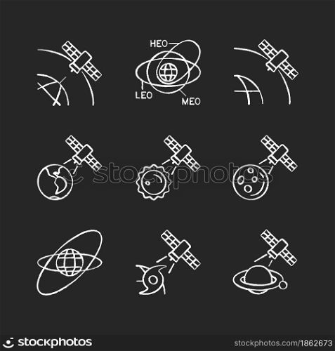 Satellites functions chalk white icons set on dark background. Satellite orbits, trajectories. Global telecommunications network connection. Isolated vector chalkboard illustrations on black. Satellites functions chalk white icons set on dark background