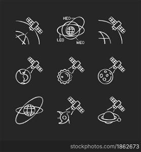 Satellites functions chalk white icons set on dark background. Satellite orbits, trajectories. Global telecommunications network connection. Isolated vector chalkboard illustrations on black. Satellites functions chalk white icons set on dark background