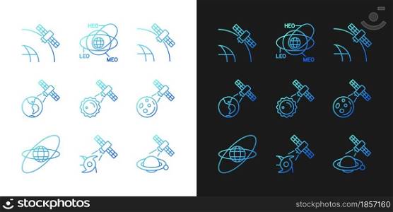 Satellites functions gradient icons set for dark and light mode for dark and light mode. Thin line contour symbols bundle. Isolated vector outline illustrations collection on black and white. Satellites functions gradient icons set for dark and light mode for dark and light mode