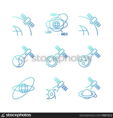 Satellites functions gradient linear vector icons set. Global telecommunications network connection, signal. Thin line contour symbols bundle. Isolated outline illustrations collection. Satellites functions gradient linear vector icons set