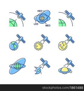 Satellites functions green, blue RGB color icons set. Satellite orbits. Global telecommunications network connection, signal. Isolated vector illustrations. Simple filled line drawings collection. Satellites functions green, blue RGB color icons set