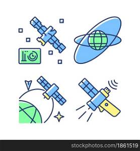 Satellites in space blue RGB color icons set. Satellite orbits. Science spacecraft location, positioning in space. Isolated vector illustrations. Simple filled line drawings collection. Satellites in space blue RGB color icons set