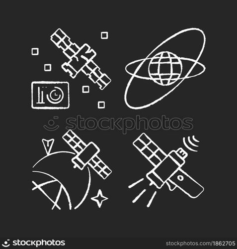 Satellites in space chalk white icons set on dark background. Science spacecraft location, positioning in space. Satellite orbits, trajectories. Isolated vector chalkboard illustrations on black. Satellites in space chalk white icons set on dark background