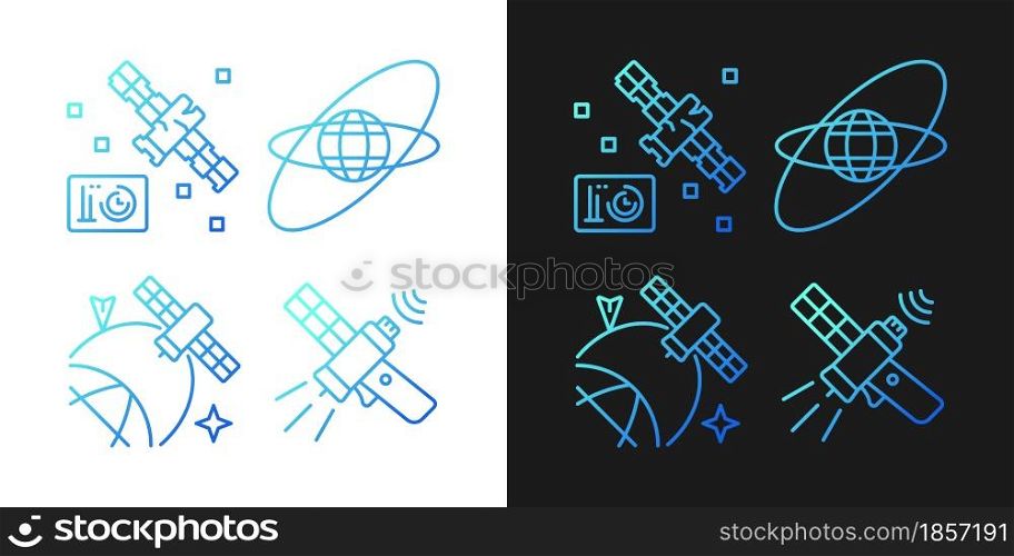 Satellites in space gradient icons set for dark and light mode for dark and light mode. Thin line contour symbols bundle. Isolated vector outline illustrations collection on black and white. Satellites in space gradient icons set for dark and light mode for dark and light mode