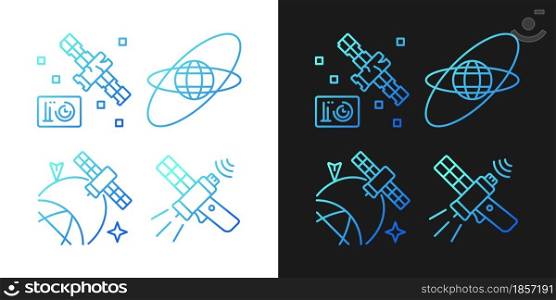 Satellites in space gradient icons set for dark and light mode for dark and light mode. Thin line contour symbols bundle. Isolated vector outline illustrations collection on black and white. Satellites in space gradient icons set for dark and light mode for dark and light mode