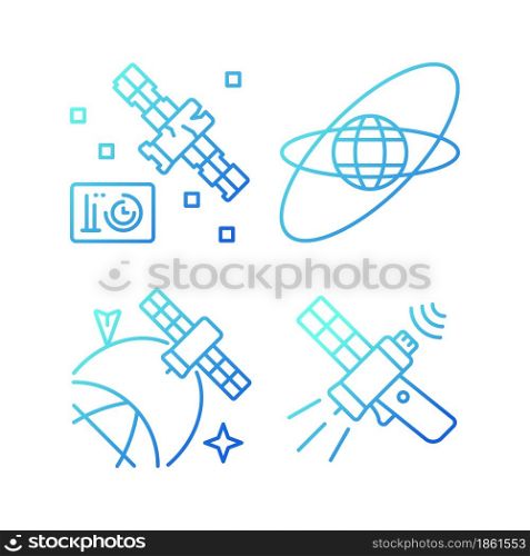 Satellites in space gradient linear vector icons set. Science spacecraft location, positioning in space. Thin line contour symbols bundle. Isolated outline illustrations collection. Satellites in space gradient linear vector icons set