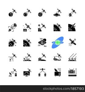Satellites types black glyph icons set on white space. Celestial bodies observation, exploration system. Telecommunications network connection. Silhouette symbols. Vector isolated illustration. Satellites types black glyph icons set on white space