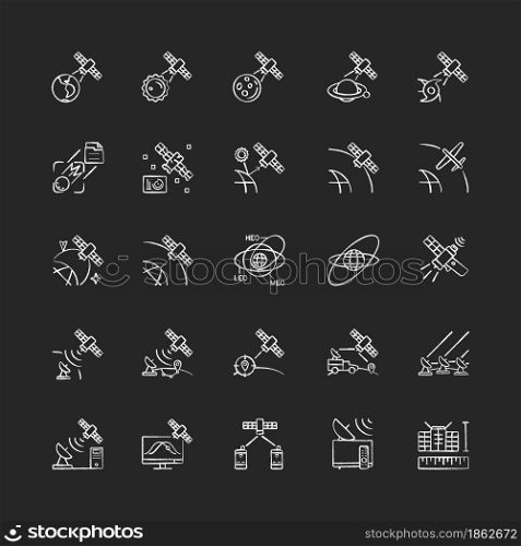 Satellites types chalk white icons set on dark background. Celestial bodies observation, exploration system. Telecommunications network connection. Isolated vector chalkboard illustrations on black. Satellites types chalk white icons set on dark background