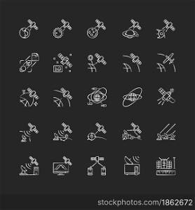 Satellites types chalk white icons set on dark background. Celestial bodies observation, exploration system. Telecommunications network connection. Isolated vector chalkboard illustrations on black. Satellites types chalk white icons set on dark background