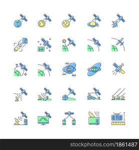 Satellites types green, blue RGB color icons set. Celestial bodies observation, exploration system. Telecommunications network. Isolated vector illustrations. Simple filled line drawings collection. Satellites types green, blue RGB color icons set