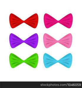 Satin colourful bow tie, bright red, purple, green, crimson, pink, blue ribbon isolated on white background. Vector illustration for your design.