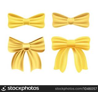 Satin golden bow, bright gold yellow ribbon isolated on white background. Vector illustration for your design.