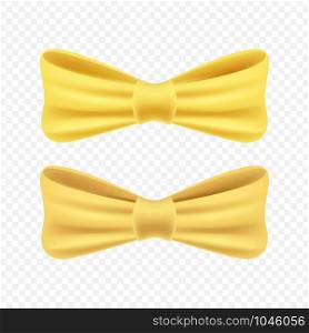 Satin golden bow tie, bright gold yellow ribbon isolated on transparent background. Vector illustration for your design.