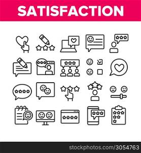 Satisfaction Feedback Collection Icons Set Vector Thin Line. Happy And Unhappy Smiles On Computer Screen, Web Site Stars Review Satisfaction Concept Linear Pictograms. Monochrome Contour Illustrations. Satisfaction Feedback Collection Icons Set Vector