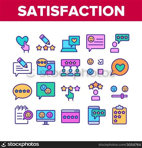 Satisfaction Feedback Collection Icons Set Vector Thin Line. Happy And Unhappy Smiles On Computer Screen, Web Site Stars Review Satisfaction Concept Linear Pictograms. Color Contour Illustrations. Satisfaction Feedback Collection Icons Set Vector