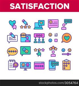 Satisfaction Feedback Collection Icons Set Vector Thin Line. Happy And Unhappy Smiles On Computer Screen, Web Site Stars Review Satisfaction Concept Linear Pictograms. Color Contour Illustrations. Satisfaction Feedback Collection Icons Set Vector