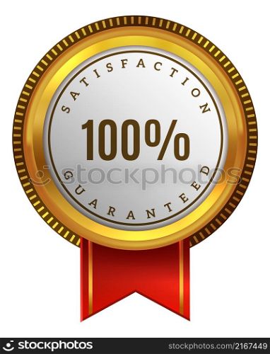 Satisfaction guarantee badge with red ribbon. High quality label isolated on white background. Satisfaction guarantee badge with red ribbon. High quality label