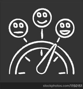 Satisfaction level chalk icon. Good, neutral and bad experience. Emotion meter. Positive and negative. Scale with emoticons. Score with pointer. Quality gauge. Isolated vector chalkboard illustration